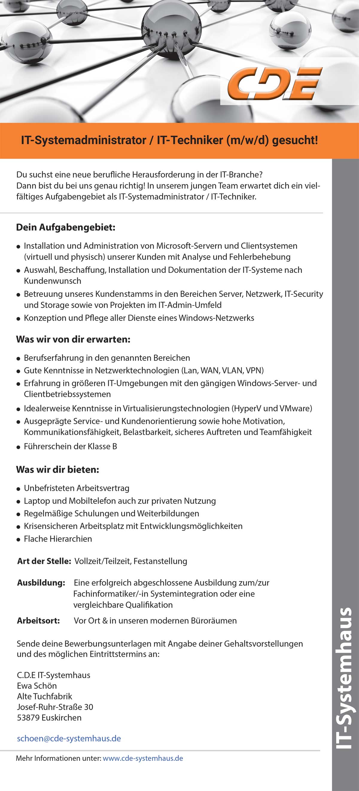 Stellenanzeige IT-Systemadministrator / IT-Techniker (m/w/d) Stellenanzeige IT-Systemadministrator / IT-Techniker (m/w/d)